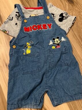 Disney Baby Denim Mickey Shorts Overalls with Red Embroidered Lettering 18mo NEW